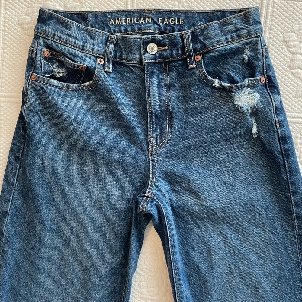 AE Stretch High-Waisted Stovepipe Cuffed Denim Jean Wide Leg Medium Wash 0R - Picture 5 of 16
